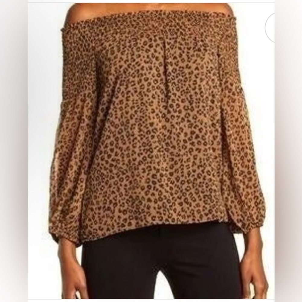 CeCe Leopard Print Off-Shoulder Blouse in Brown and Black